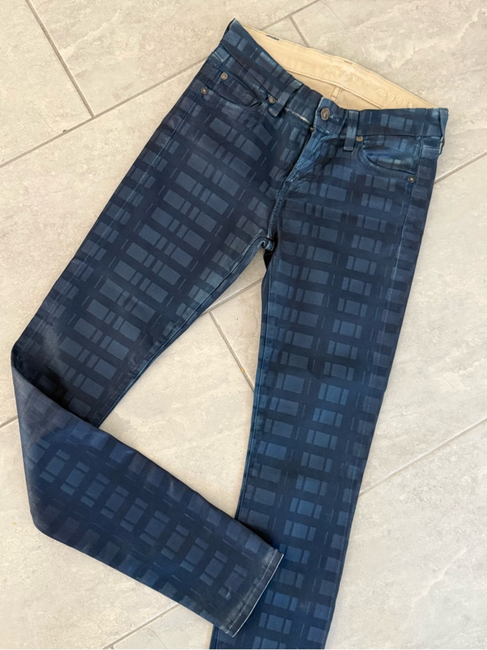 7 Seven for All Mankind Skinny Coated Laser Plaid Jeans 25